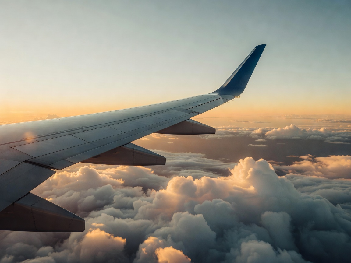 Airplane wing soaring above clouds at golden hour sunrise illustrating circadian rhythm alignment