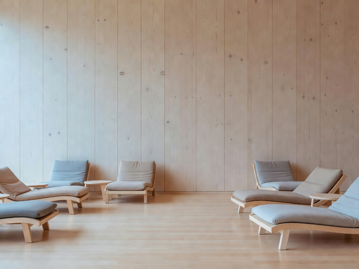Helsinki Airport calm Nordic timber rest studio with soft diffused northern daylight and birch wood paneling