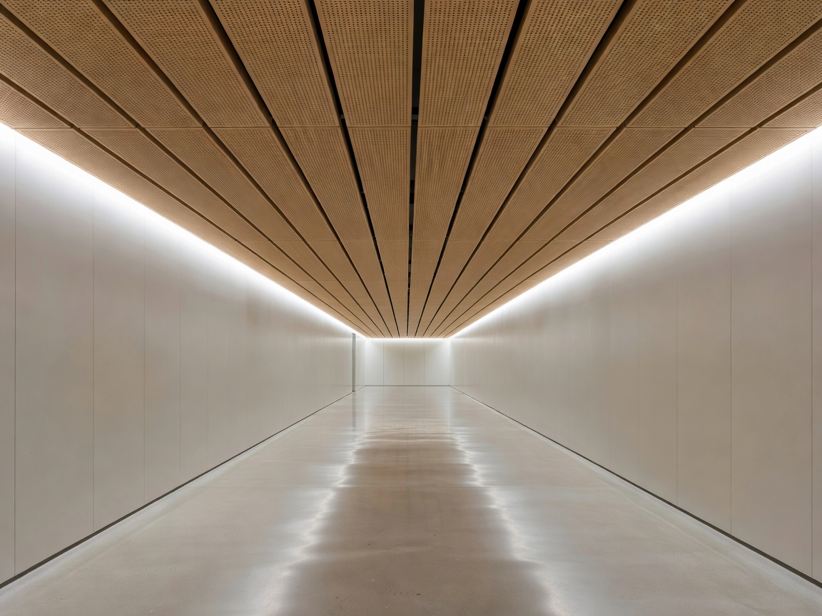 Minimalist quiet airport corridor with sound-absorbing micro-perforated wood ceiling slats