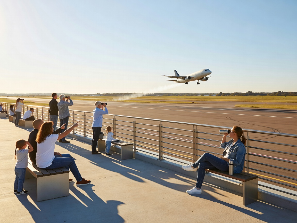 Outdoor airport viewing deck showing travelers relaxing in sunshine watching aircraft take off