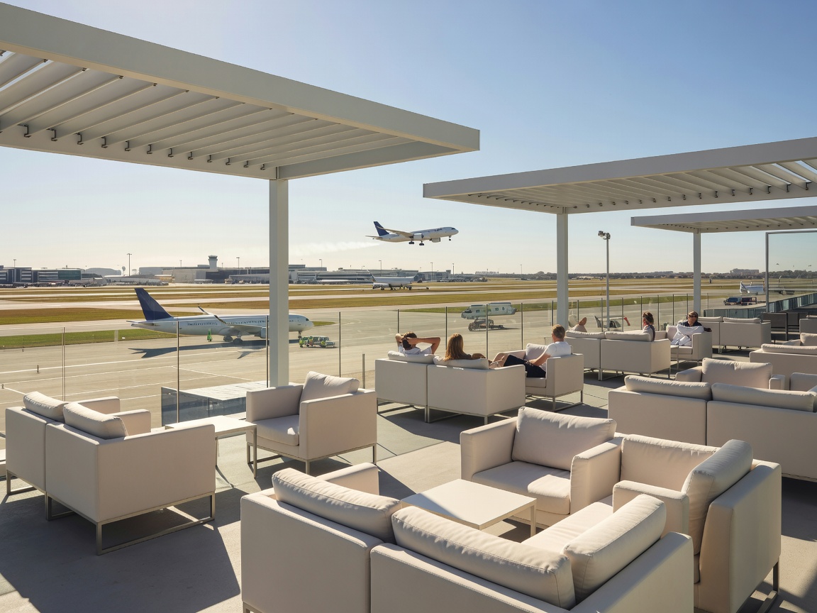 Scenic open-air airport viewing terrace with panoramic runway vistas and sunny lounge seating
