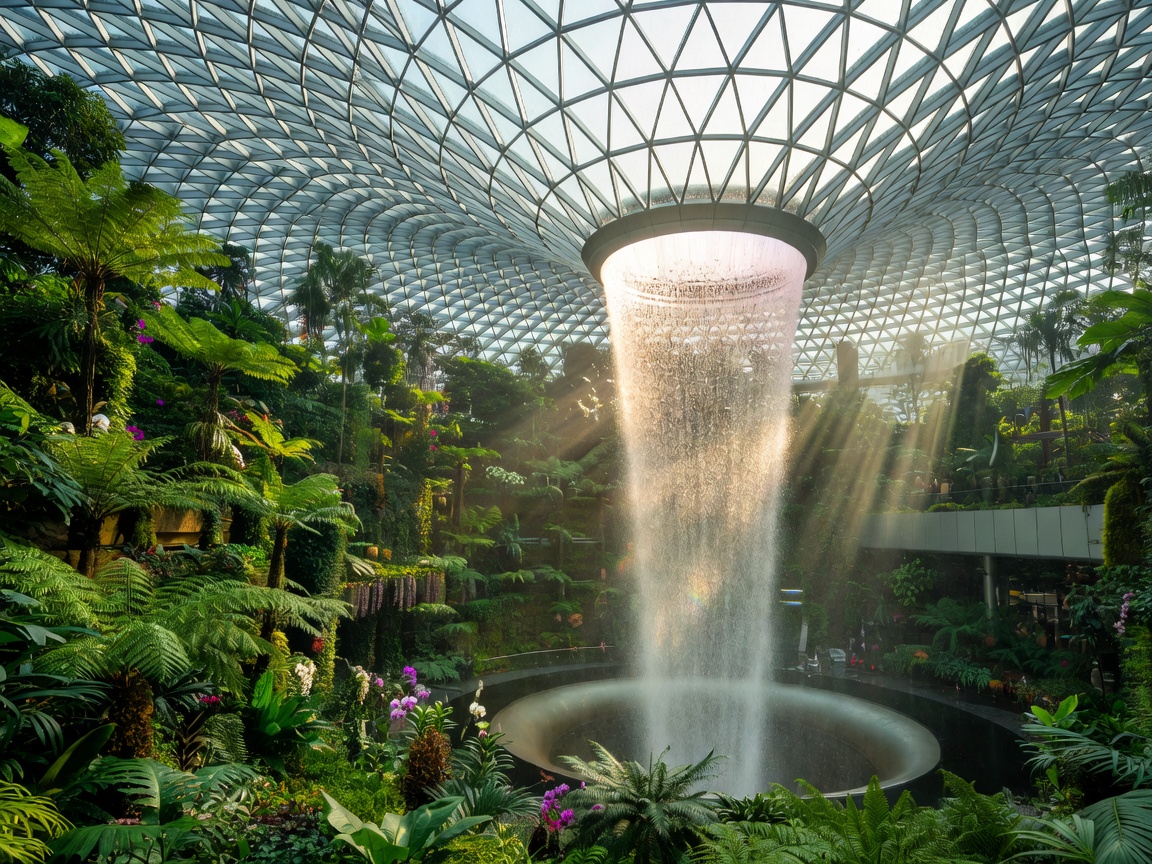 Singapore Changi Jewel interior dome showing the lush green terraces and sunlight streaming through the rain vortex