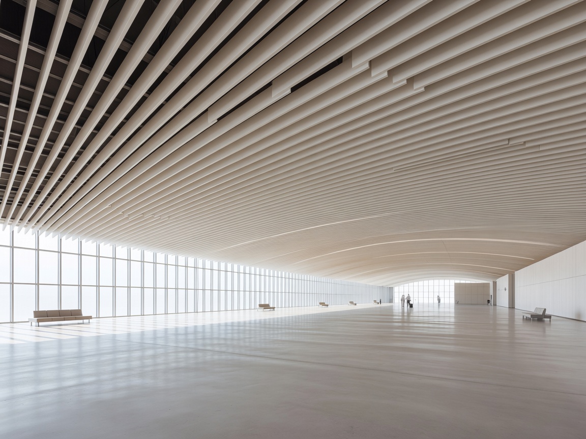 Spacious minimalist airport concourse with soft architectural acoustic ceiling slats