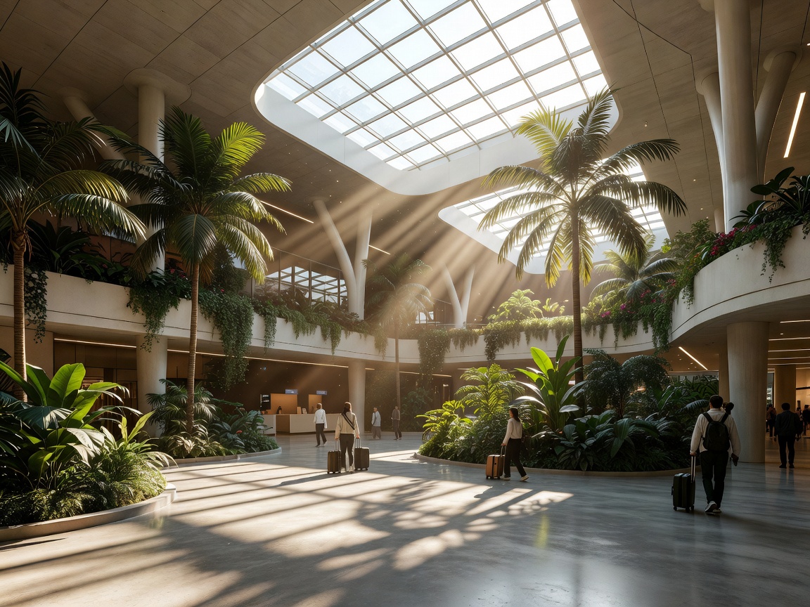 Sunlit modern biophilic airport terminal interior featuring vast glass skylights and lush indoor flora